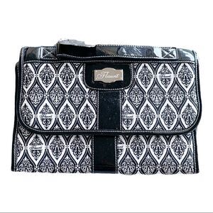 Flaunt travel bag black patent -black white print “ 11” x 8” x 27” 8 zips